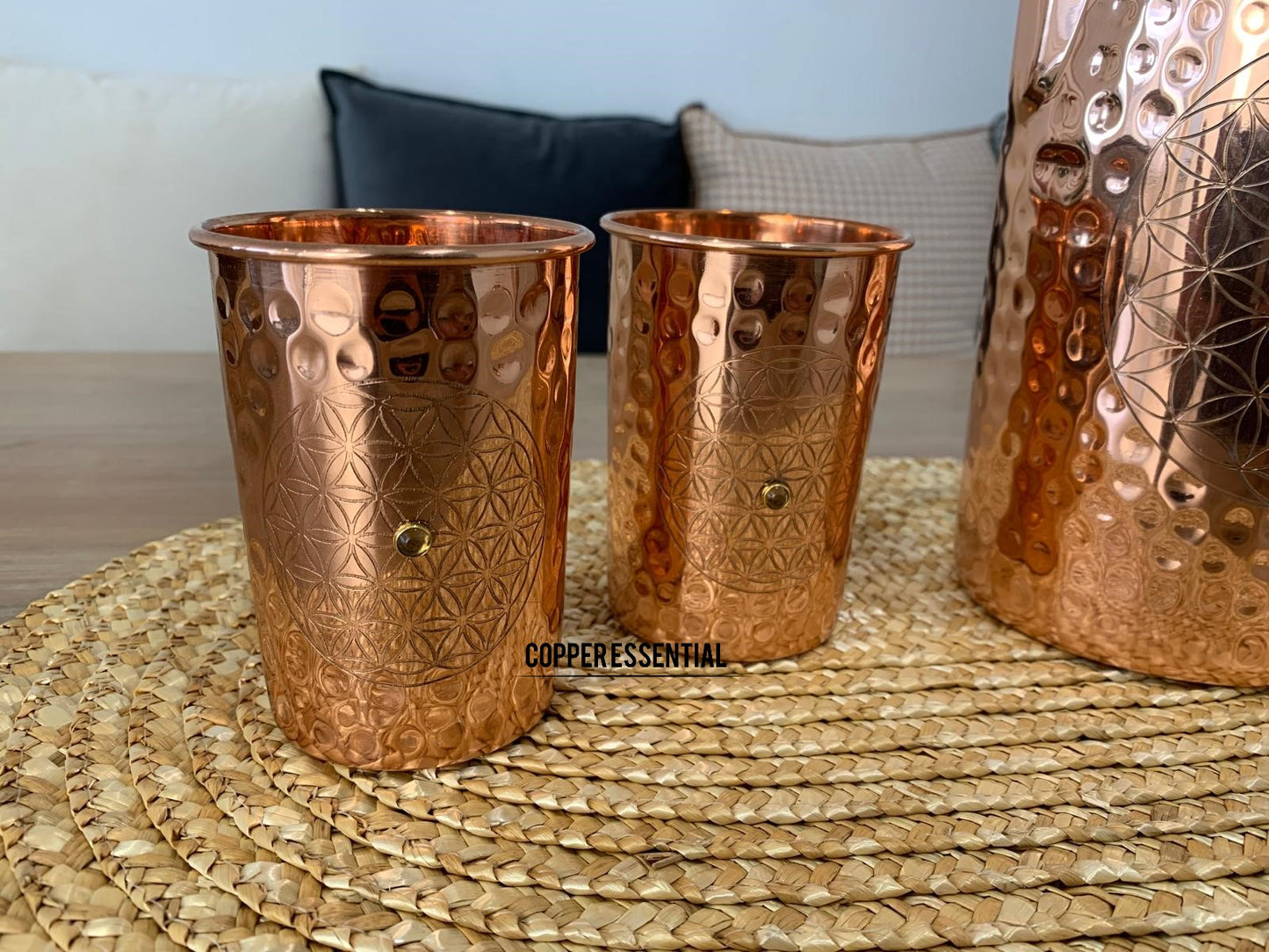 Handmade Hammered with a stone design Copper Jug & Glass Set