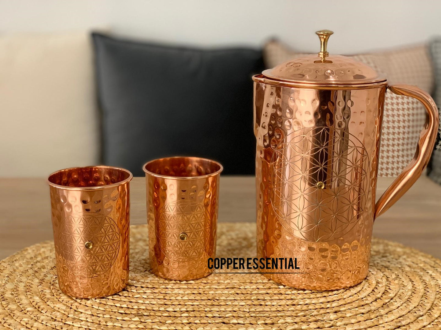 Handmade Hammered with a stone design Copper Jug & Glass Set